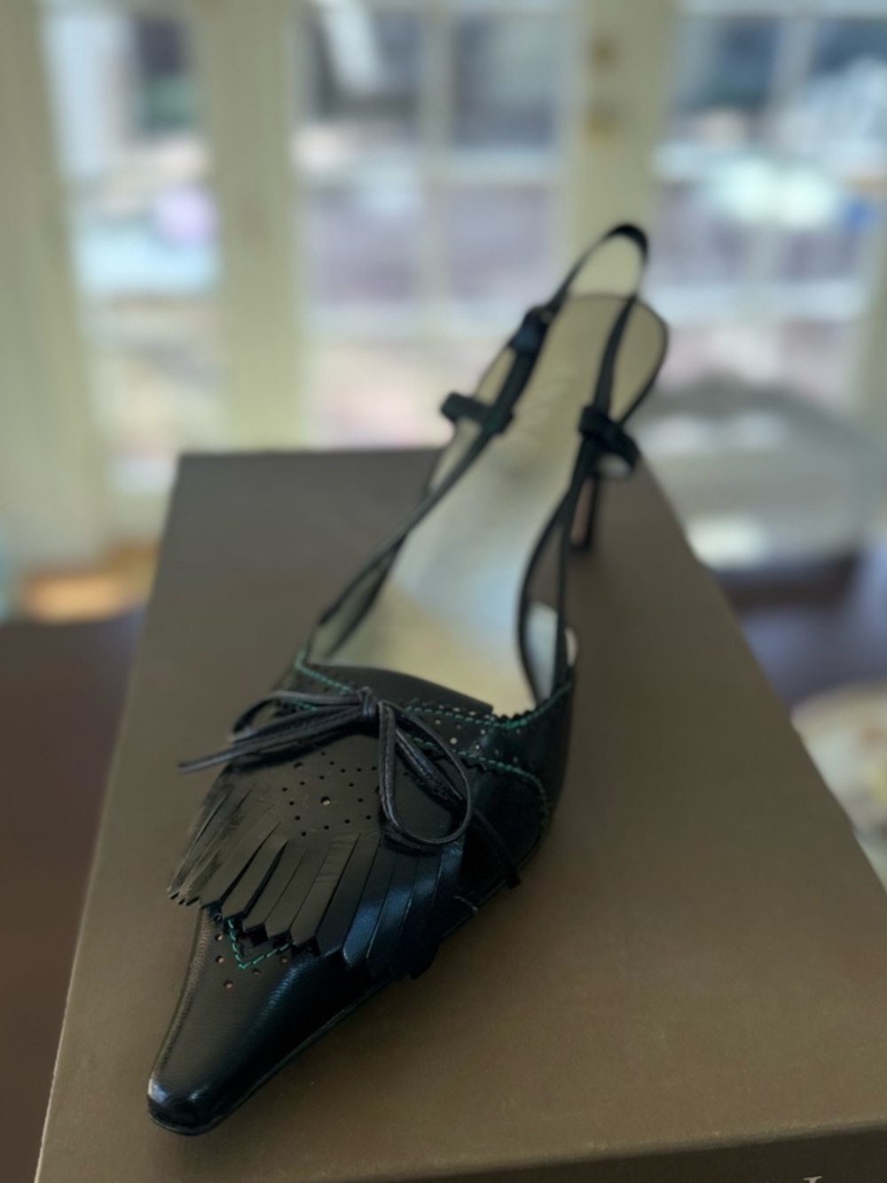 Anne Klein Black Pointed Fringe Slingback Mule